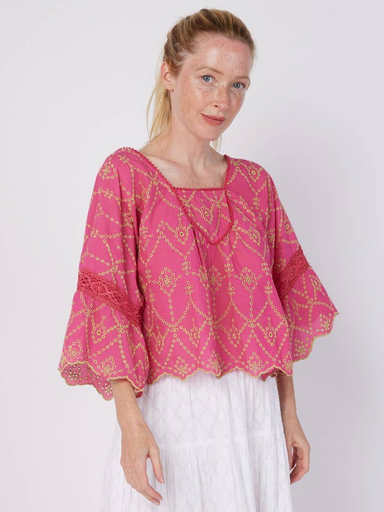 Sandra Pink Ruffle Embroidered Eyelet Lace Blouse Spring