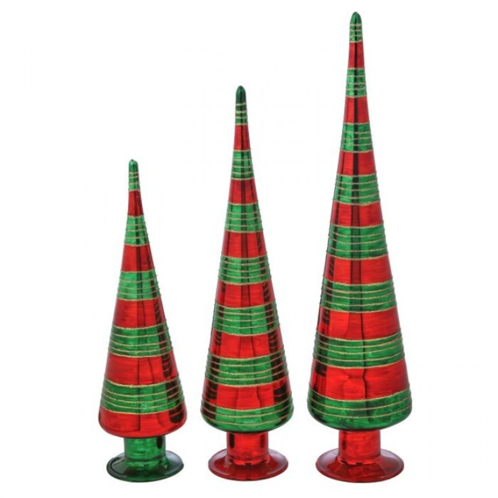 12-18” Glass W/Glitter Stripe Tree Set/3 - Red/Green/Gold