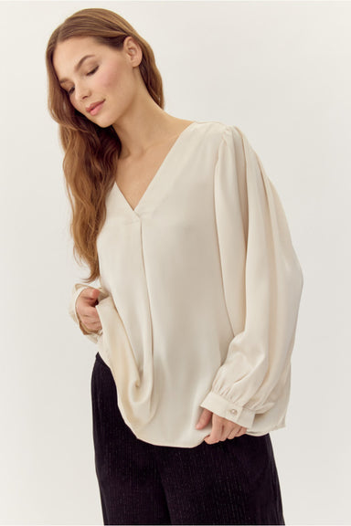 Jodifl Long Sleeve Satin V-Neck Top