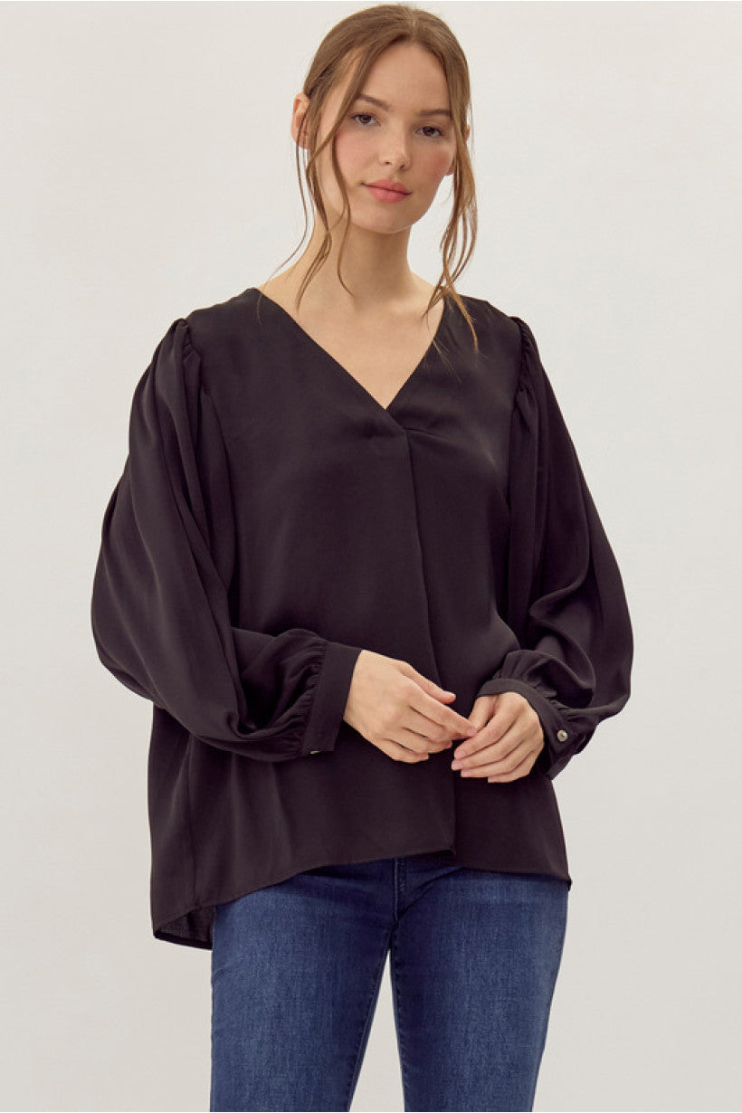 Jodifl Long Sleeve Satin V-Neck Top