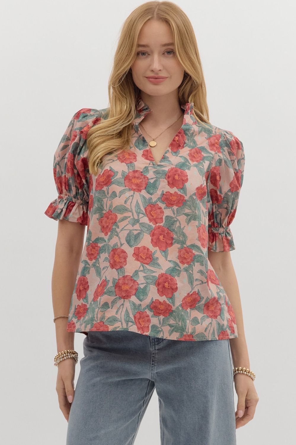 Entro Vintage Floral Pattern Puff Sleeve Top