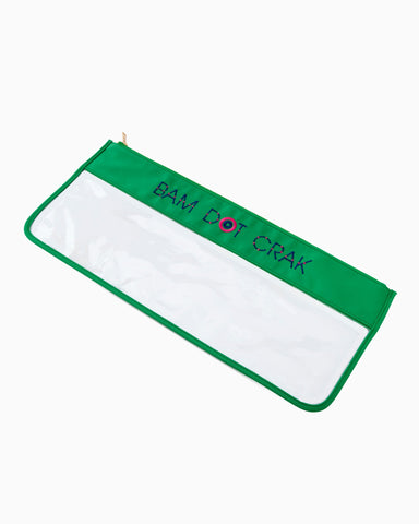 A green Bam Dot Crak mahjong tile bag with a transparent window and green trim.