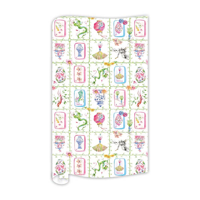 Mahjong Icons in Green Bamboo Trellis Grid Wrapping Paper