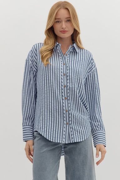 Entro Textured Striped Button-Down Shirt – Chambray Blue