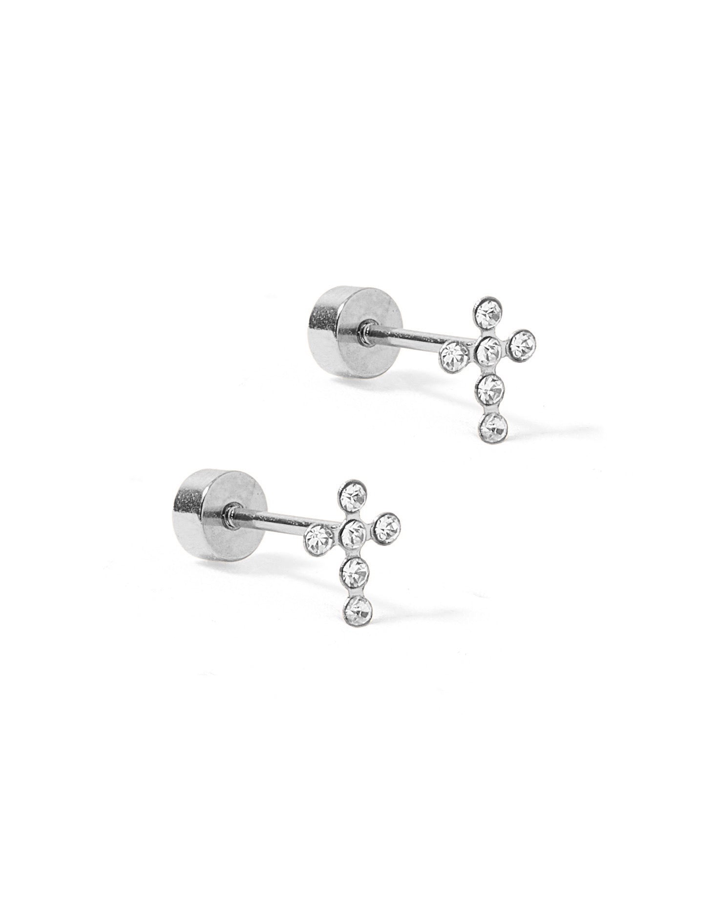 Clara Cross Silver Sparkle Screwback Stud Earrings