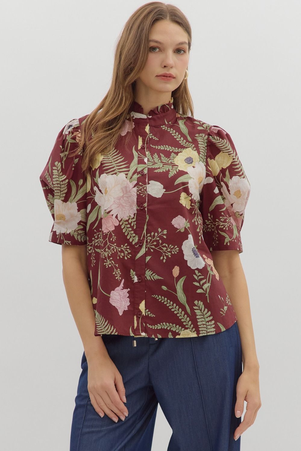 Entro Floral Print Ruffled Neck Top