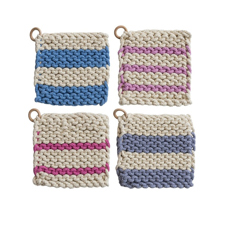 8" Square Striped Cotton Crocheted Pot Holder