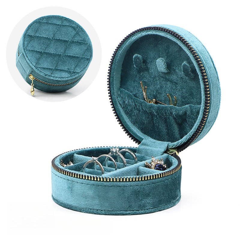 Blue Large Round Oval Velvet Jewelry Box