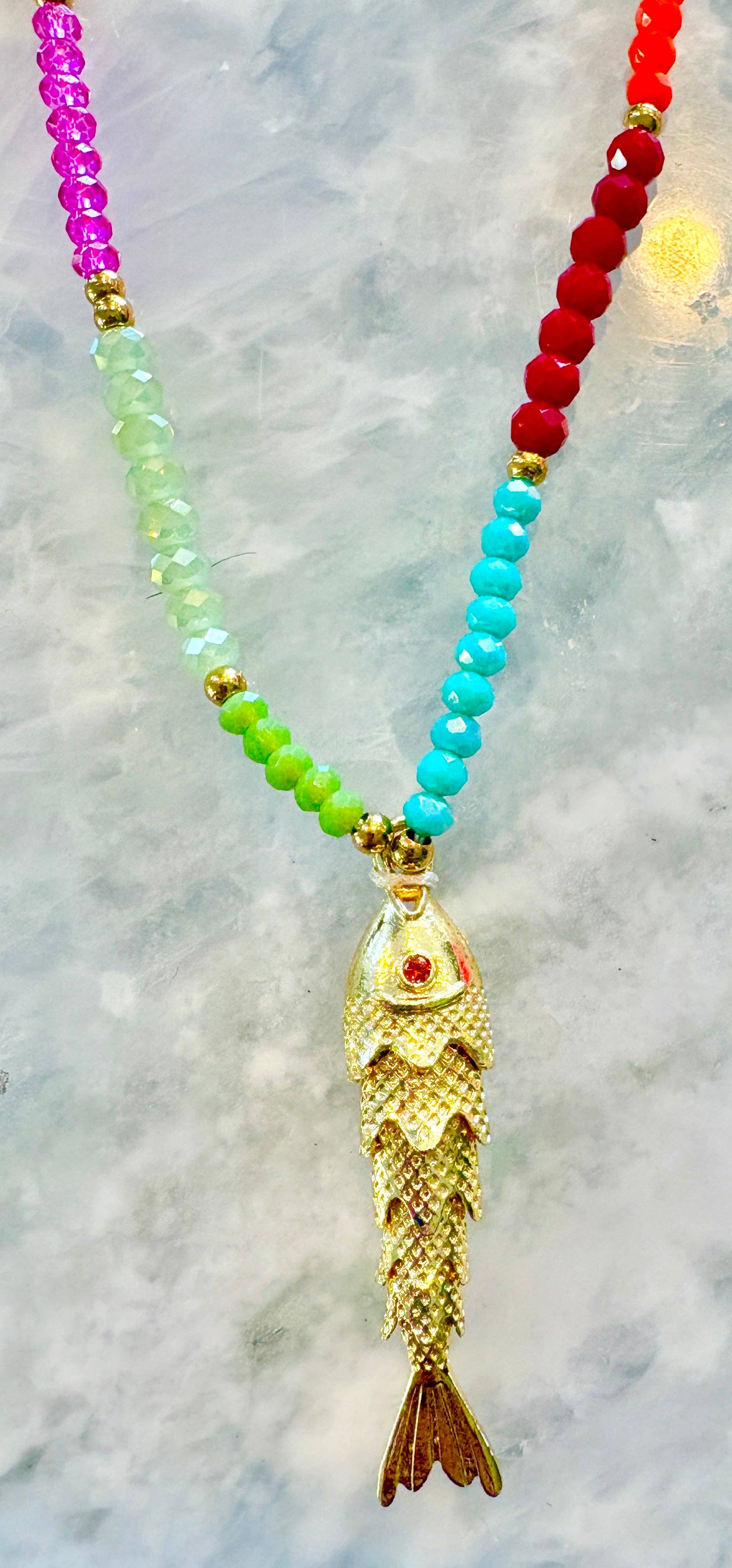 Sparkly Rainbow Gold Fish Necklace
