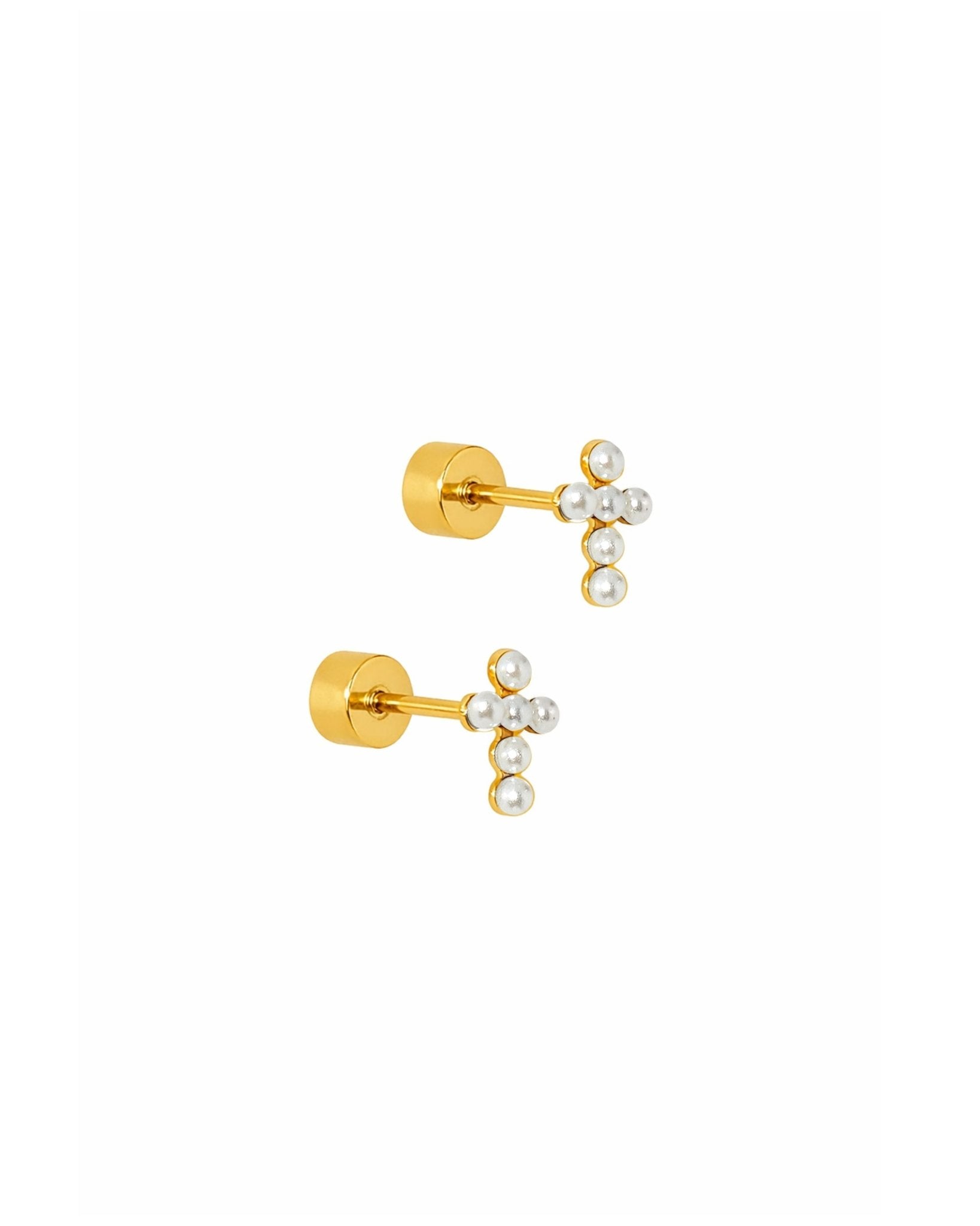 Clara Cross Pearl Screwback Stud Earrings