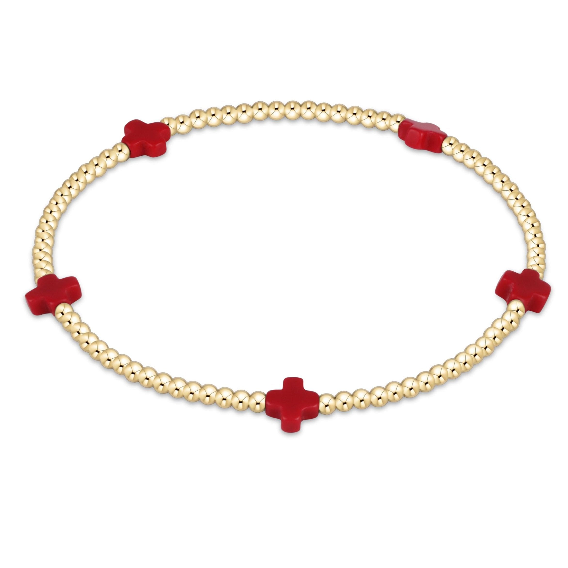 eGirl Signature Cross Small Gold Pattern 2mm Bead Bracelet - Red