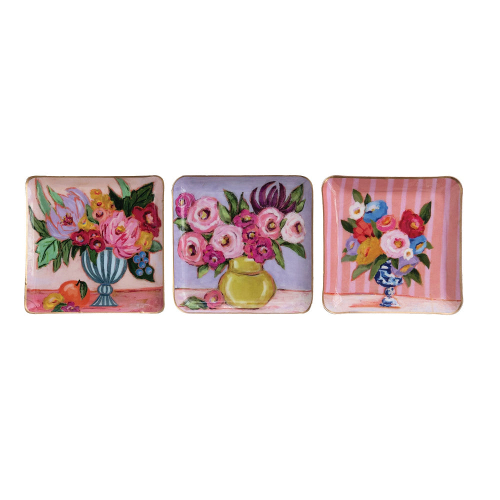 Enameled Metal Tray with Flowers in Vase & Gold Edges, 3 Styles