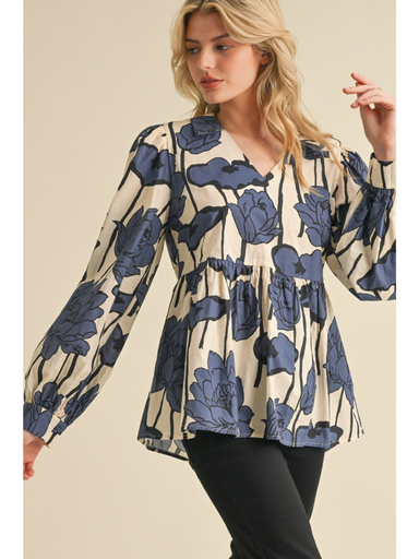 Blue Floral Print Baby Doll Top