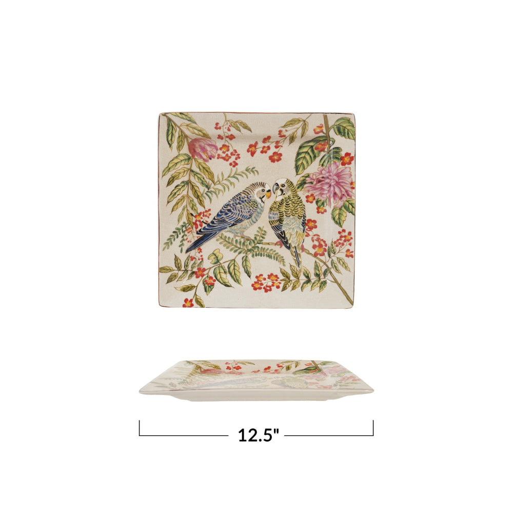Decorative Stoneware Dish with Parakeets
