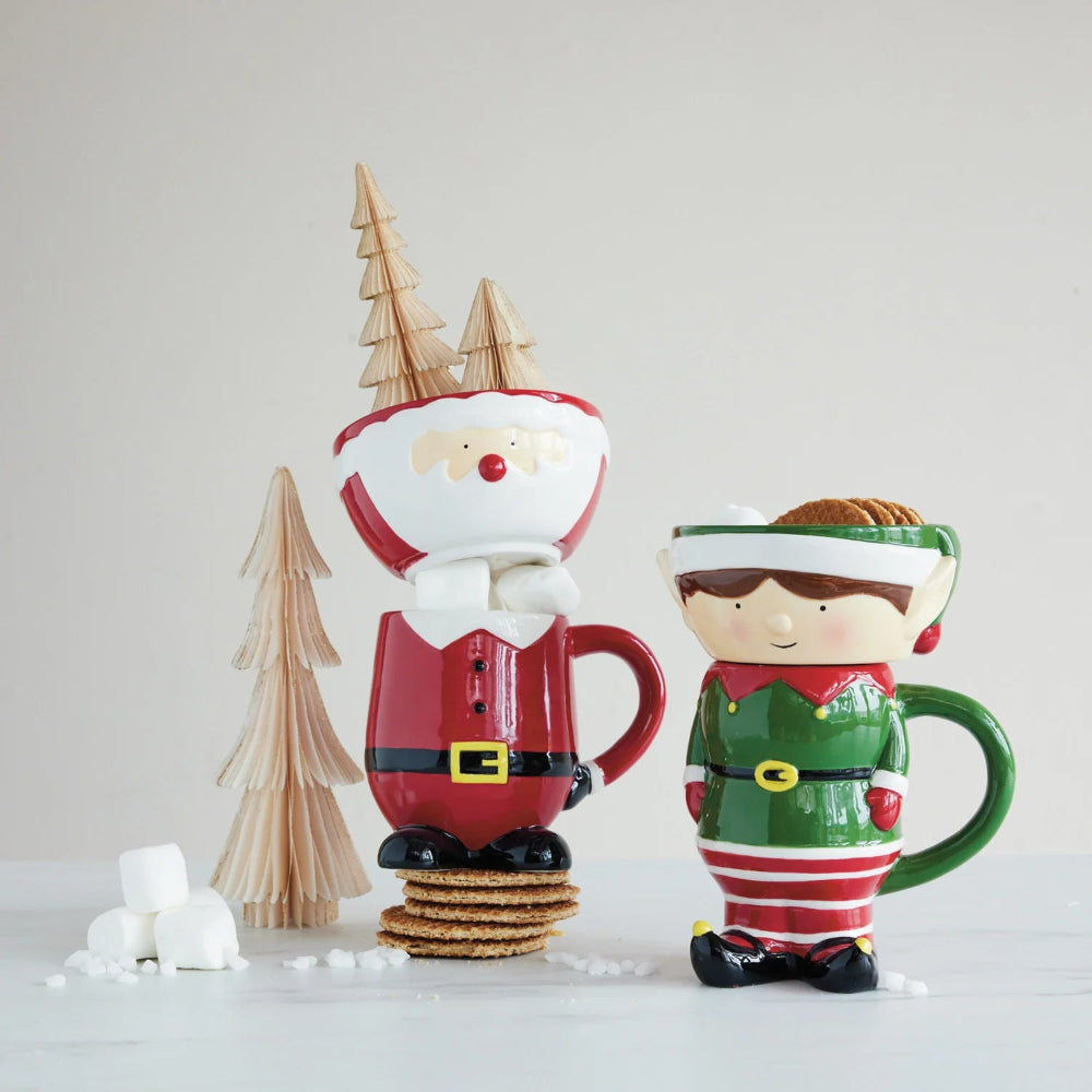 Hand-Painted Ceramic Santa Shaped Mug & Stackable Bowl, Set of 2