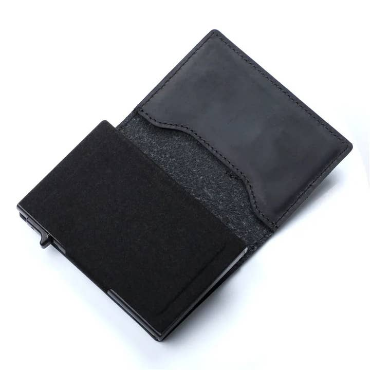 Genuine Leather Popup Wallet with Apple Airtag Holder & Rfid-Black