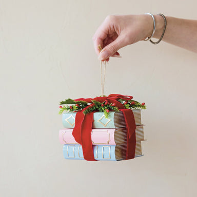 Paper Stacked Books Ornament with Velvet Ribbon & Holly