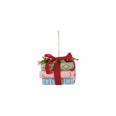 Paper Stacked Books Ornament with Velvet Ribbon & Holly