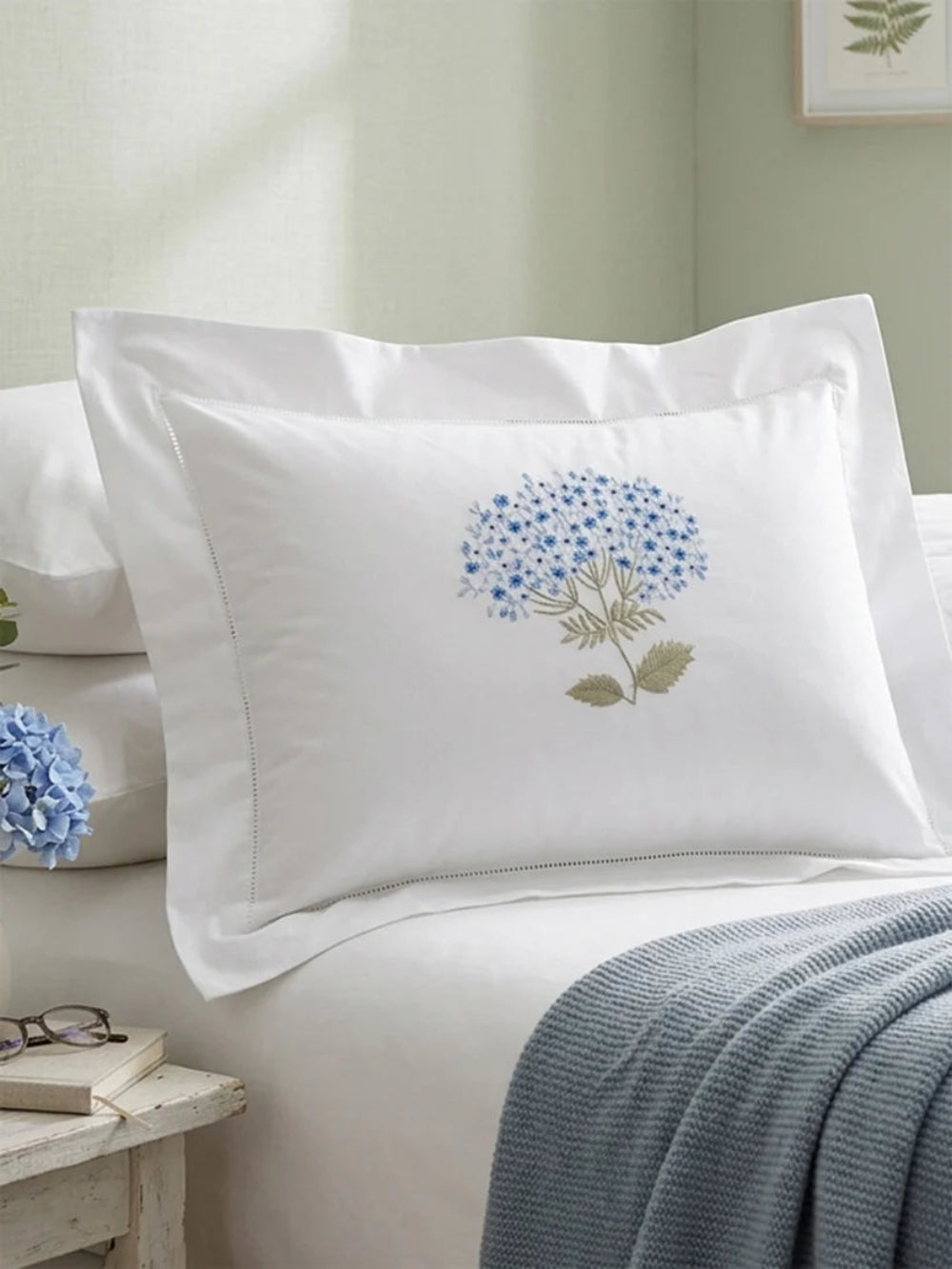 Boudoir Pillow Cover Hem Stitch Border - Hydrangea (Blue/Sage)