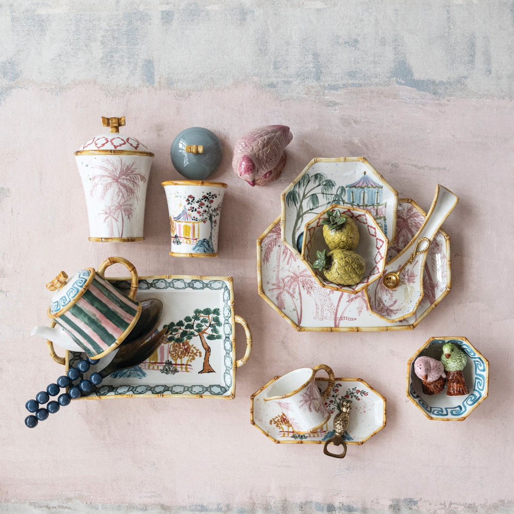 Hand-Painted Stoneware Octagon Shaped Plate with House