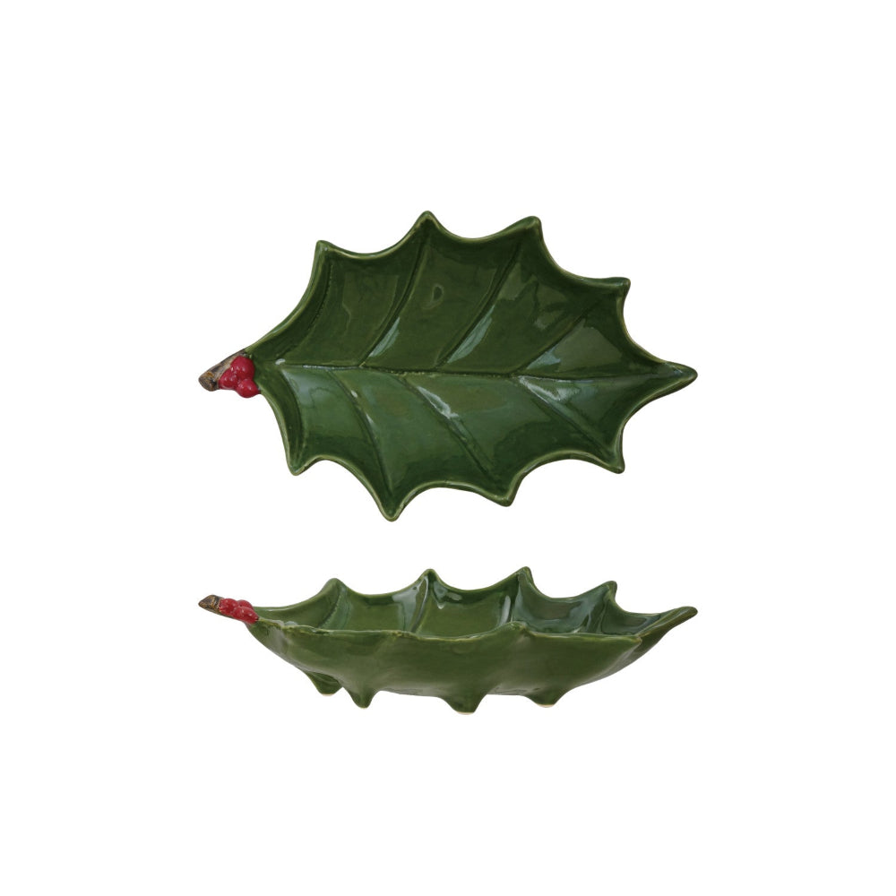 Hand-Painted Holly Leaf Shaped Footed Tray with Berries, Green & Red