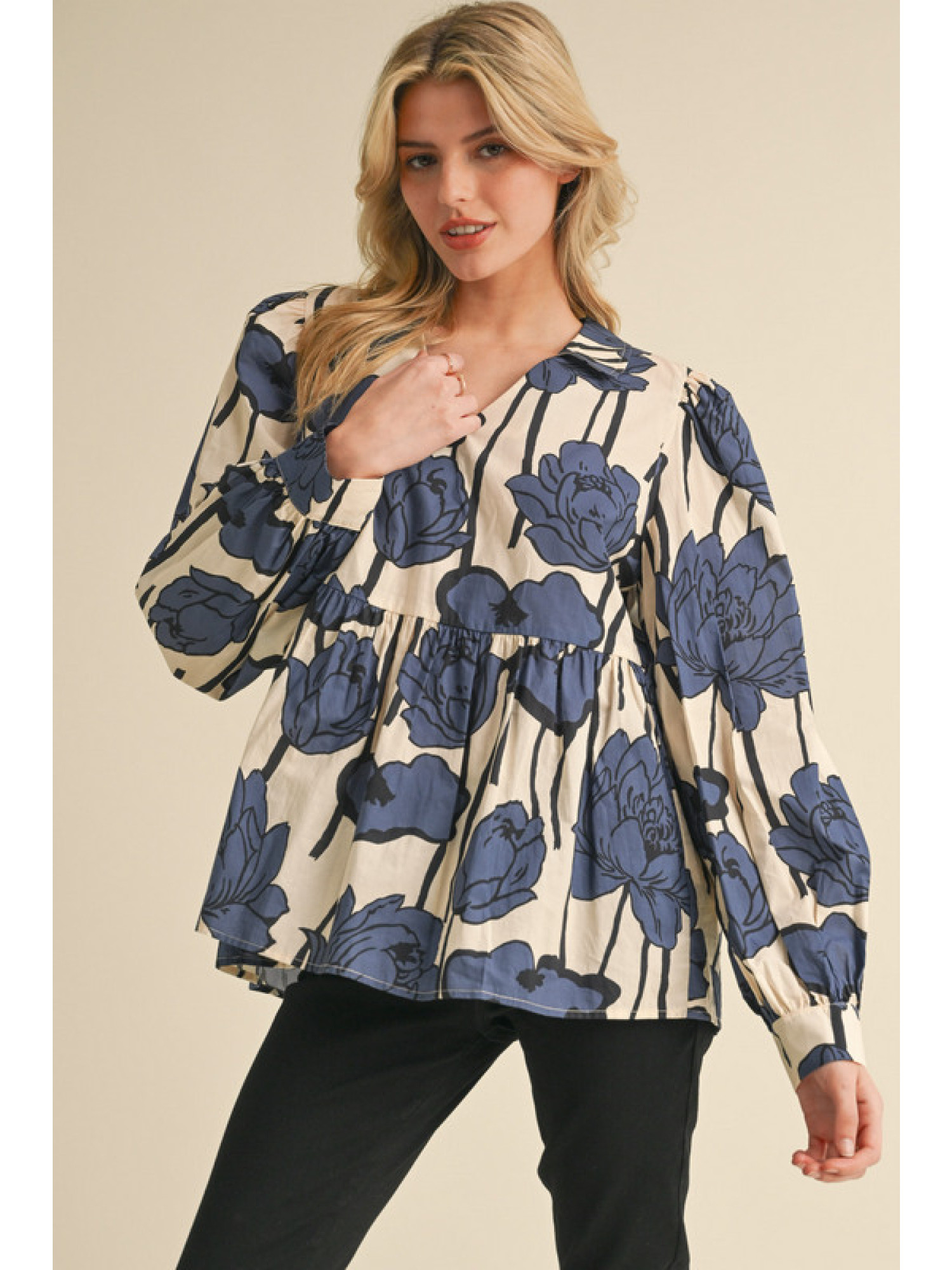 Blue Floral Print Baby Doll Top