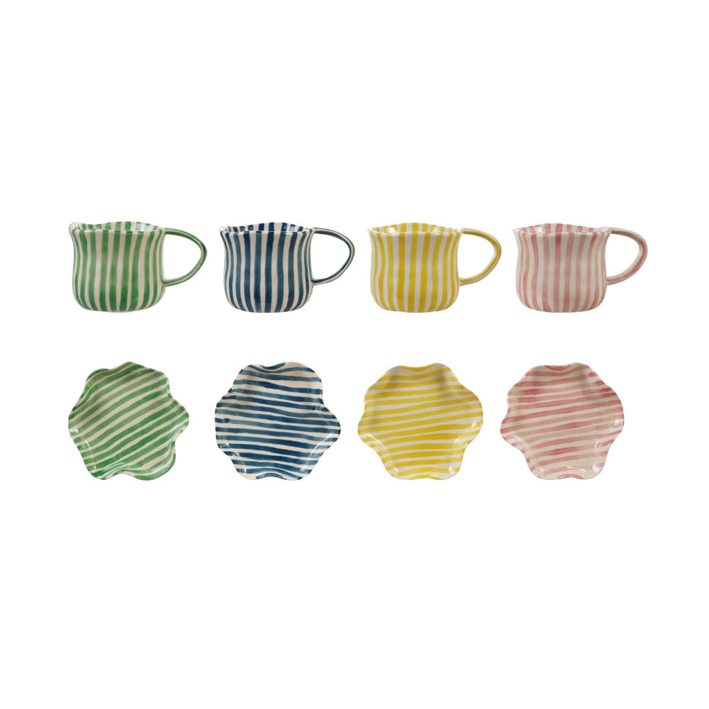14 oz. Hand-Painted Mug with Ruffled Saucer, Set of 2, 4 Colors