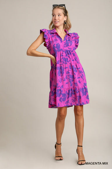 Umgee Floral Print Collared Tiered Dress