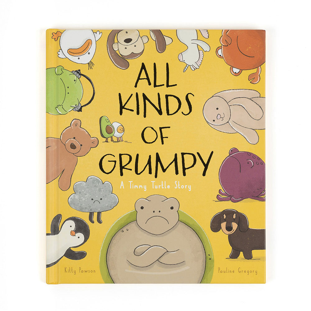 Book cover of 'All Kinds of Grumpy' with cartoon animals on a yellow background