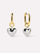 Gold hoop earrings with silver heart charms on a white background