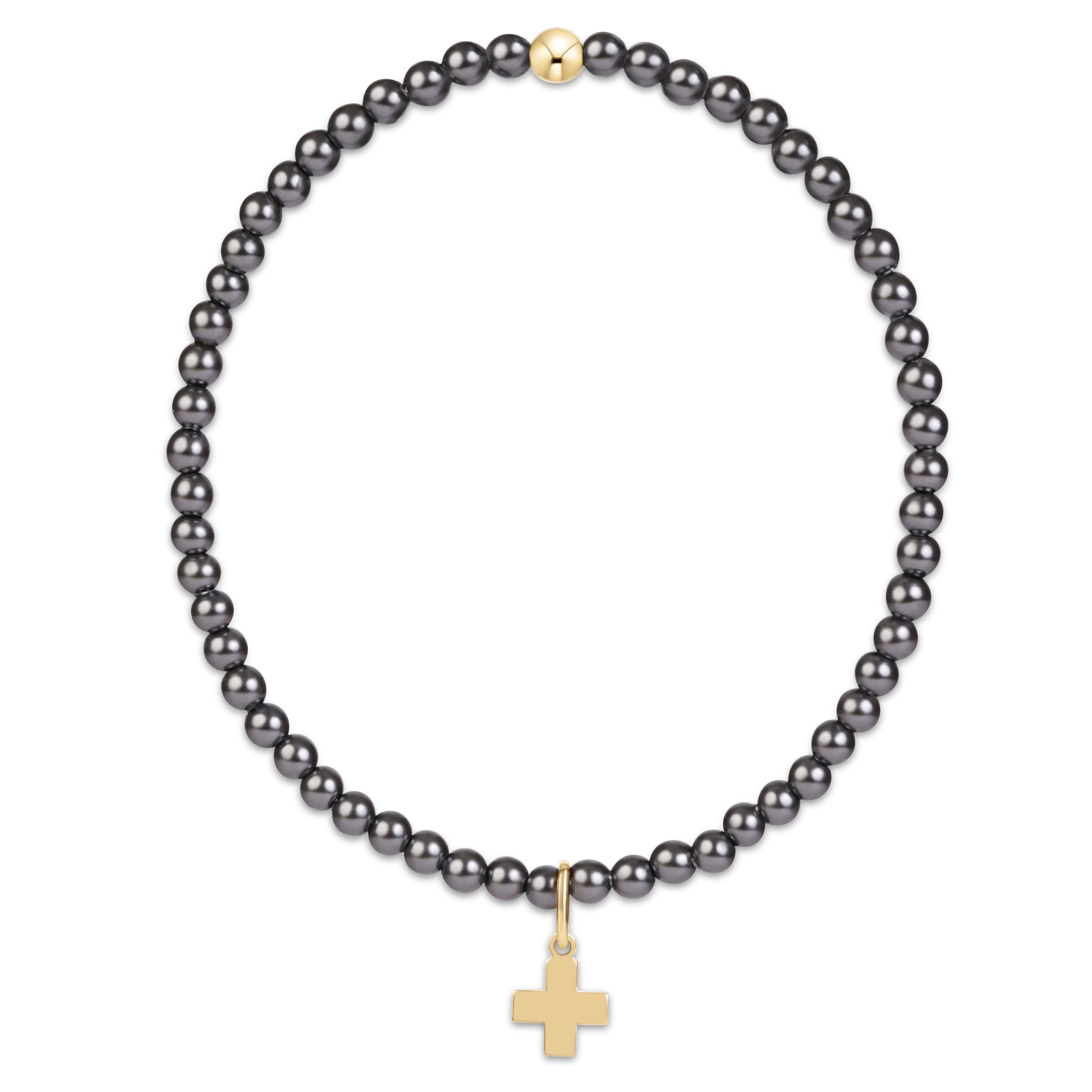 E Newton Classic Pearl Dark Grey 3mm Bracelet - Signature Cross Gold Charm