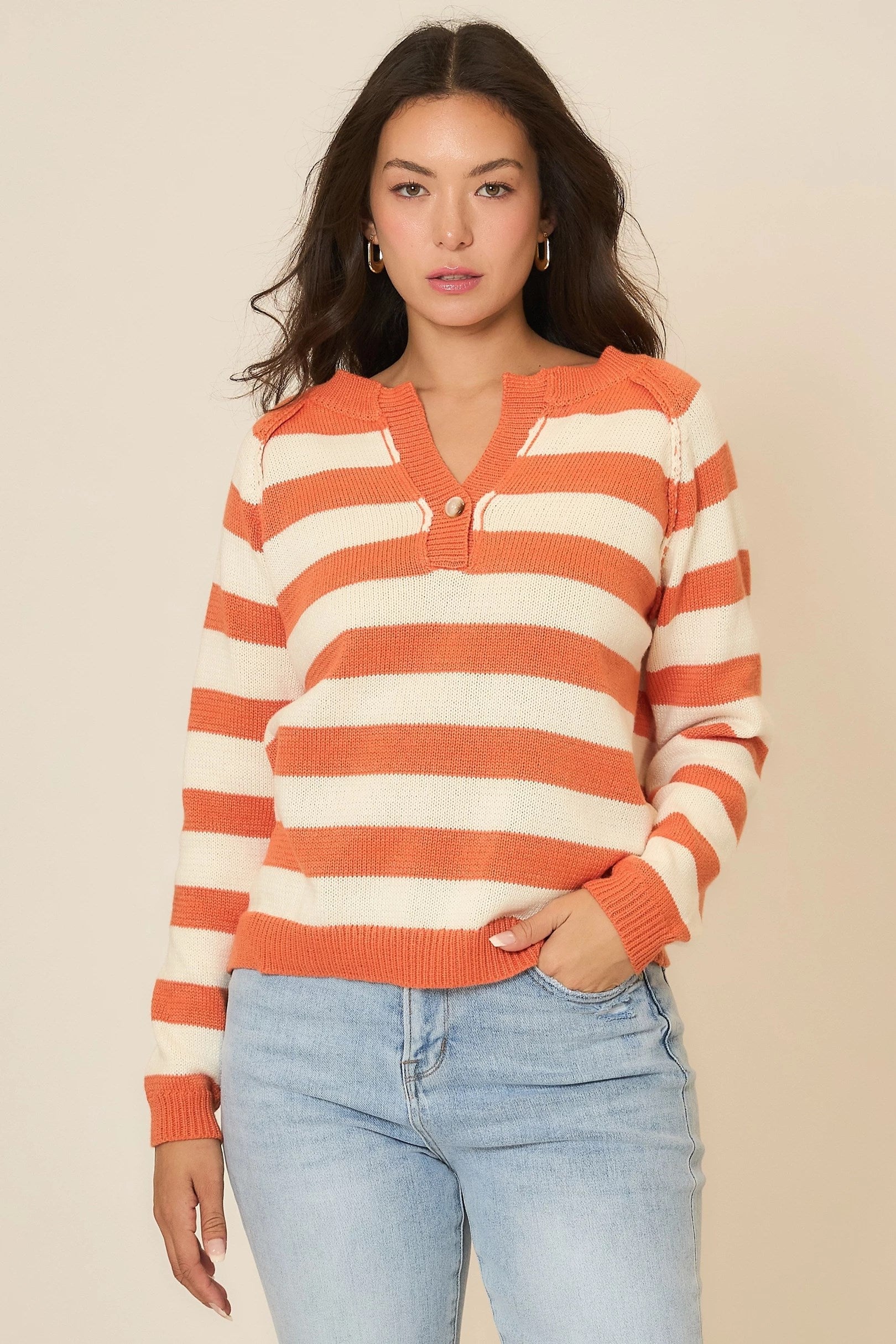 Deep Notch Neck Stripe Knit Sweater