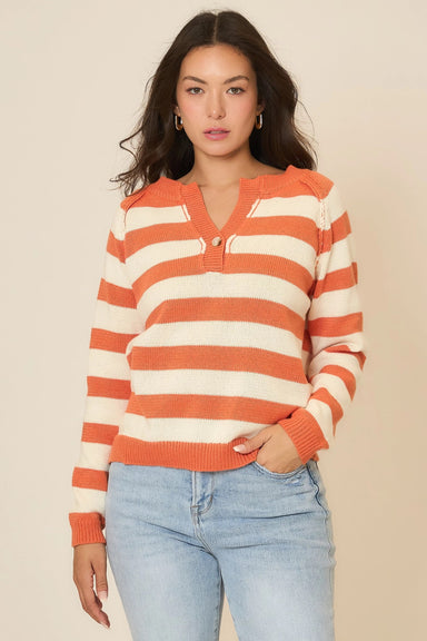 Deep Notch Neck Stripe Knit Sweater