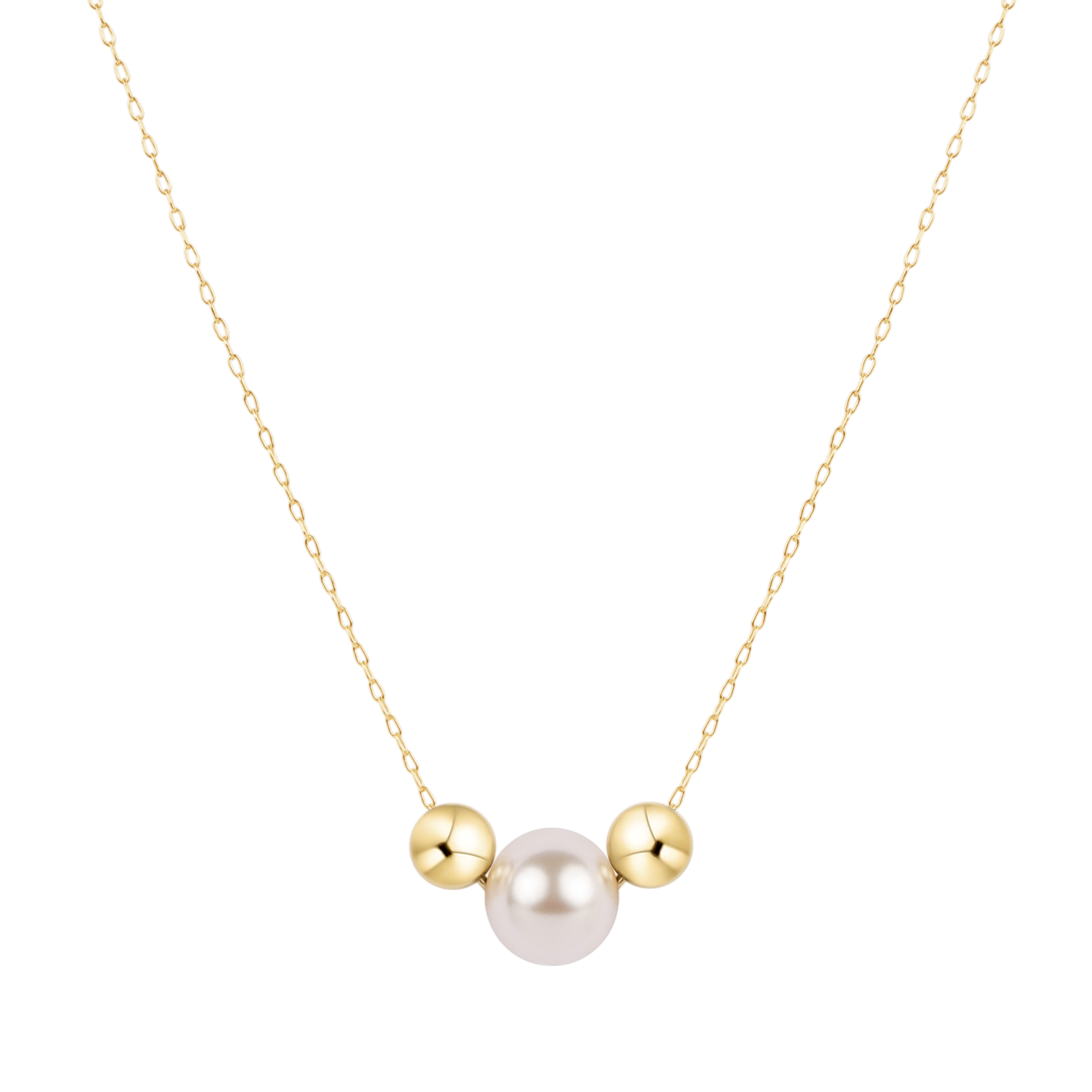 Necklace with a gold chain, white pearl, and gold beads on a white background