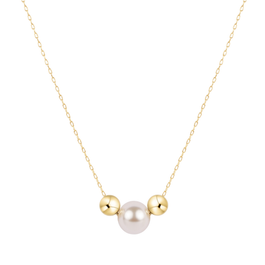 Necklace with a gold chain, white pearl, and gold beads on a white background