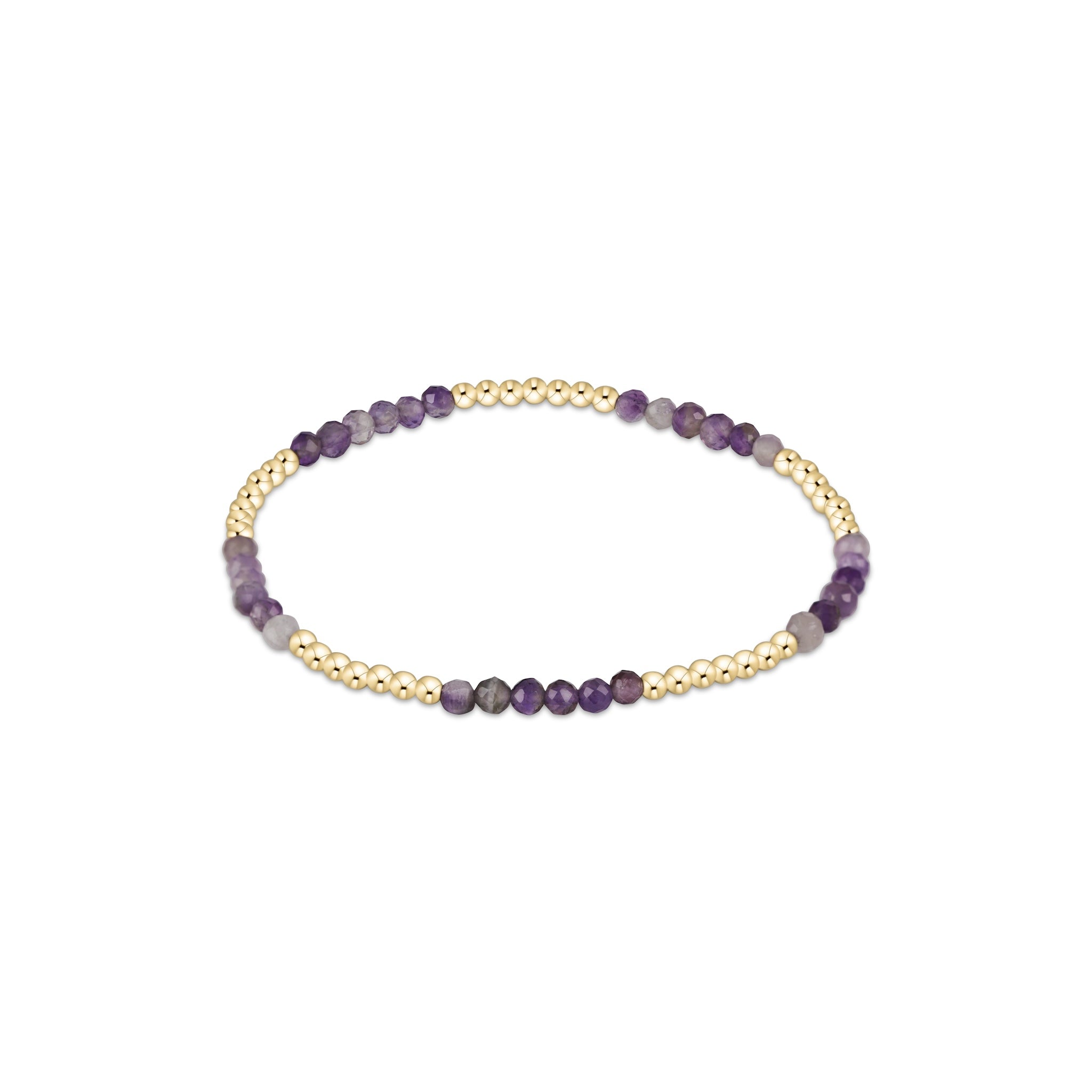 Beaded bracelet with purple and gold beads on a white background