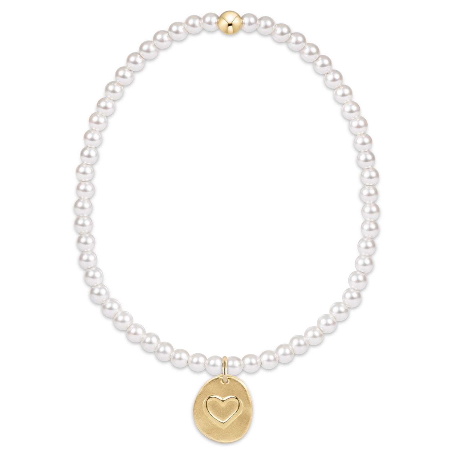 Pearl bracelet with a gold heart pendant on a white background
