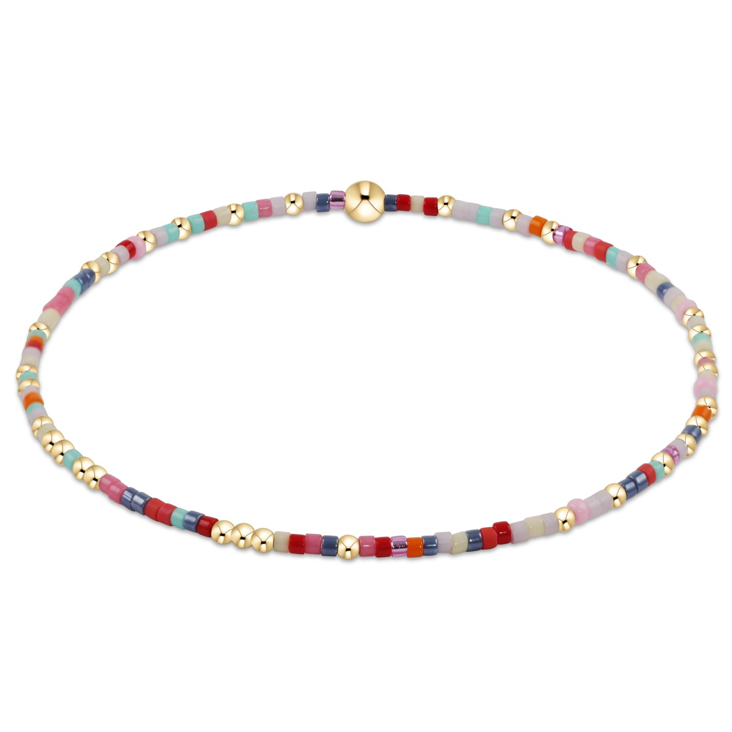 Multicolored beaded necklace with gold accents on a white background