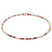 Multicolored beaded necklace with gold accents on a white background