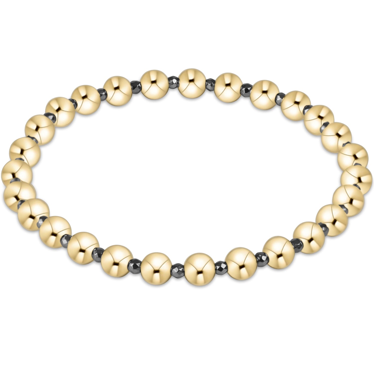Gold beaded bracelet on a white background