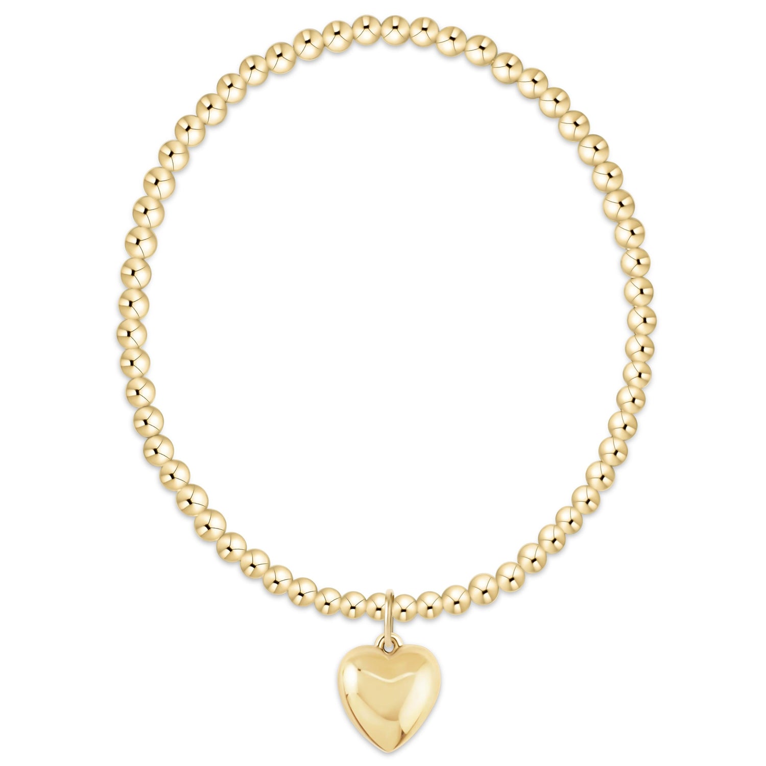 Gold beaded bracelet with a heart-shaped pendant on a white background