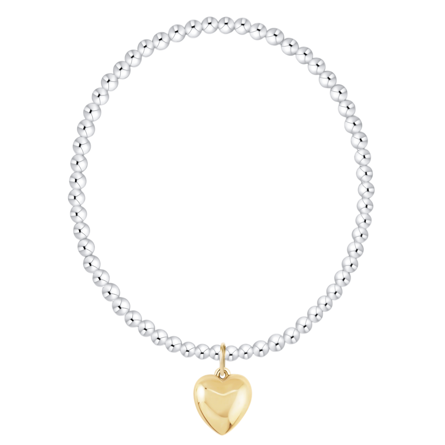 Silver beaded bracelet with a gold heart charm on a white background