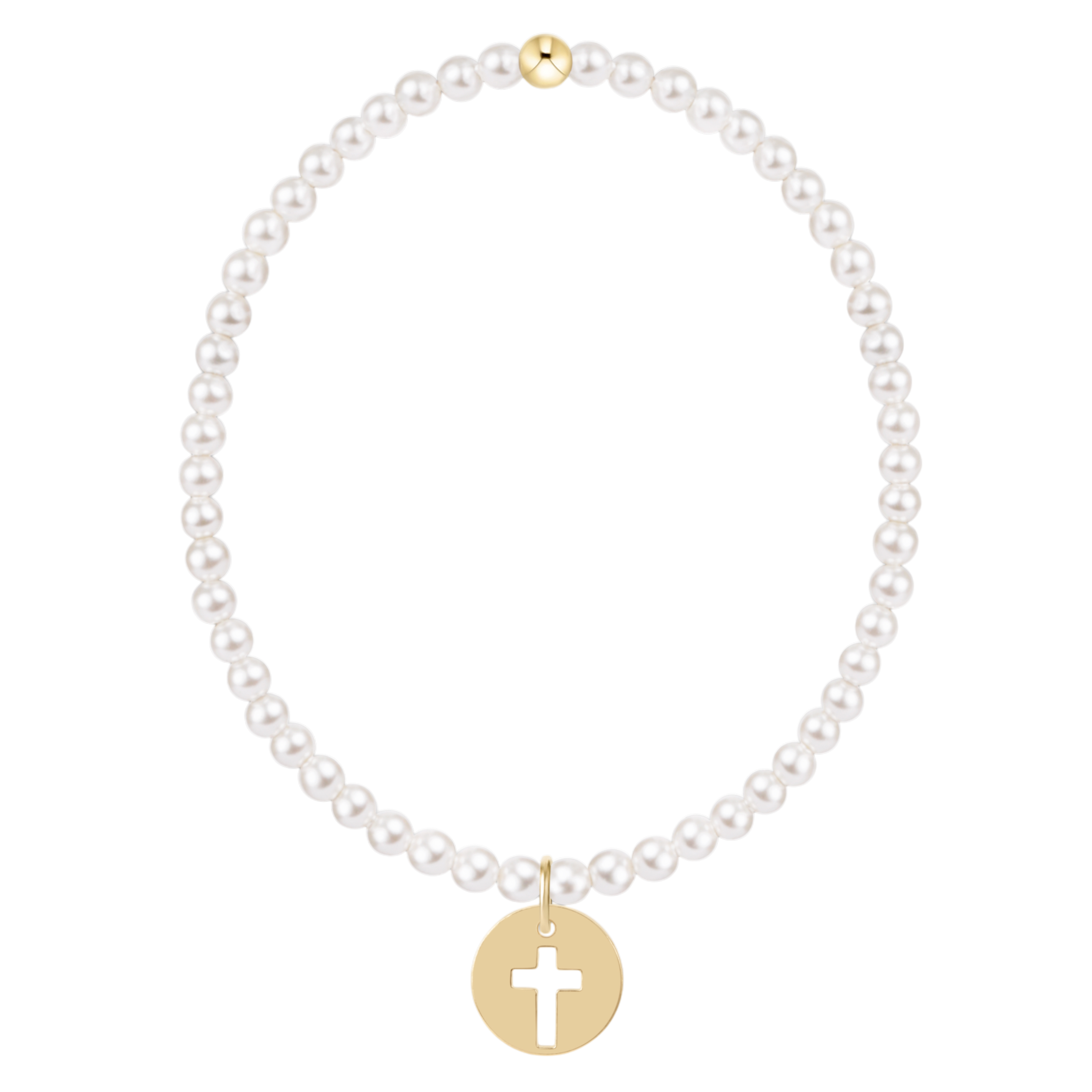 Pearl necklace with a gold cross pendant on a white background