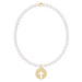 Pearl necklace with a gold cross pendant on a white background