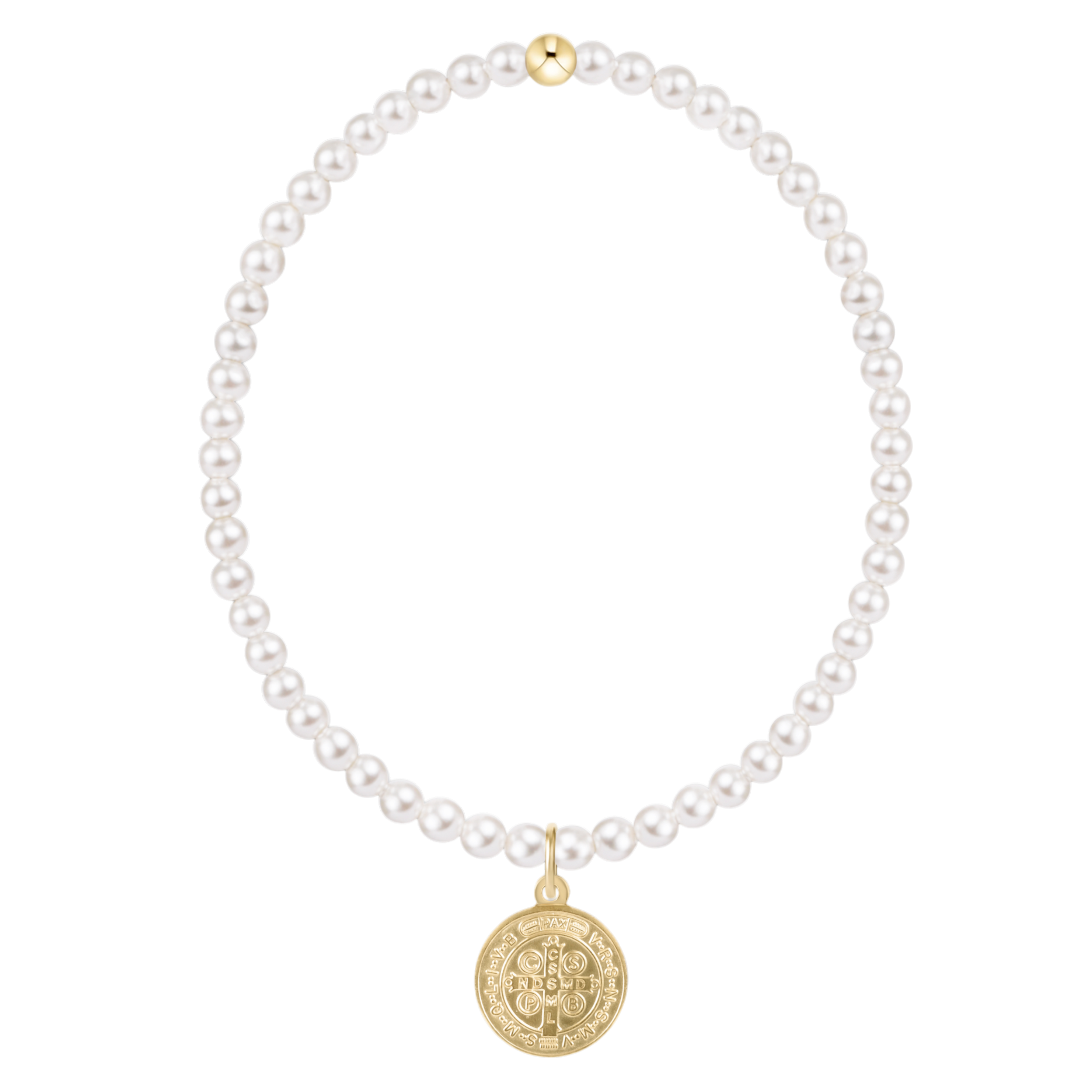 Pearl necklace with a gold pendant on a white background