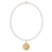 Pearl necklace with a gold pendant on a white background