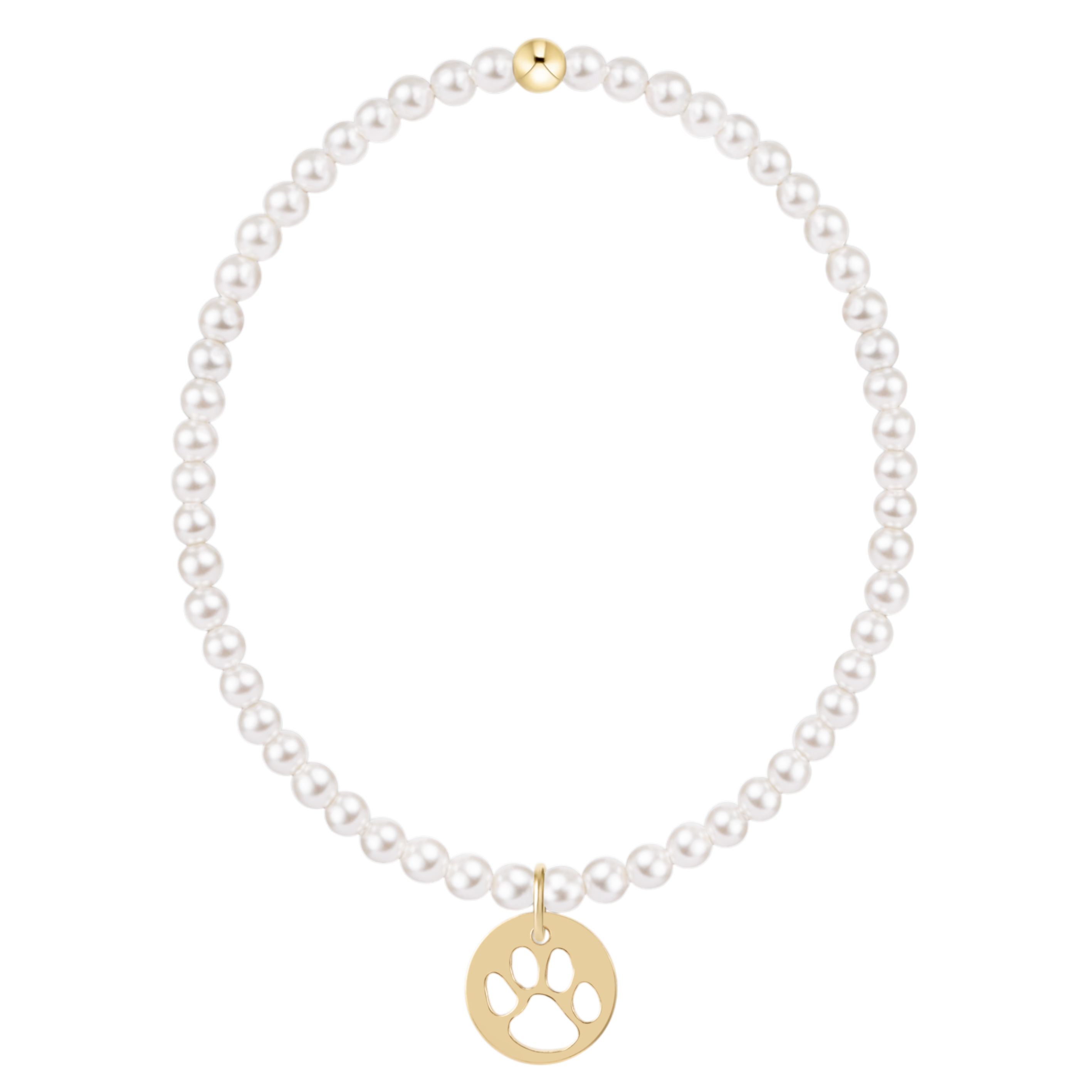 Pearl necklace with a gold paw print charm on a white background