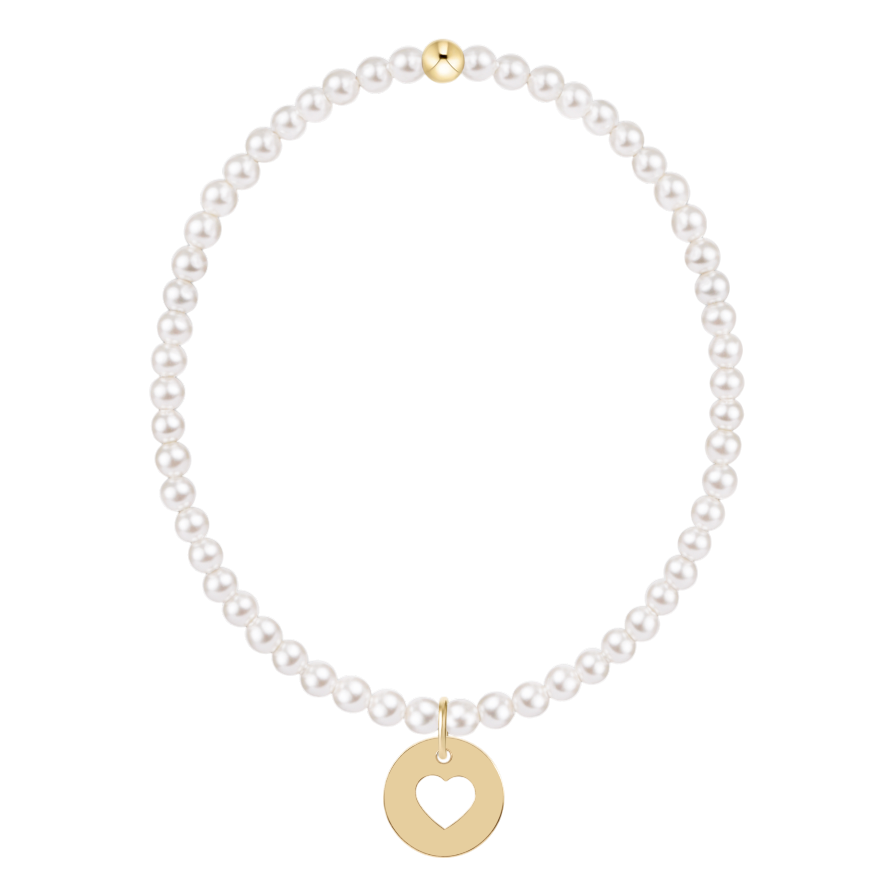 Pearl bracelet with a gold heart charm on a black background