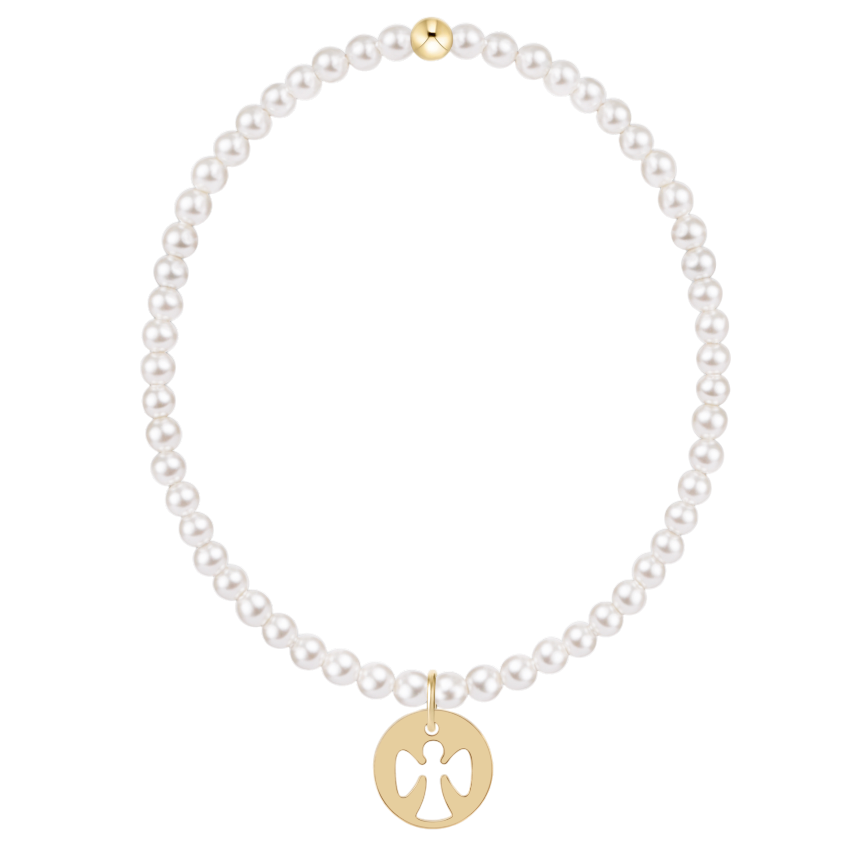 Pearl necklace with a gold angel pendant on a white background