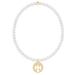 Pearl necklace with a gold angel pendant on a white background